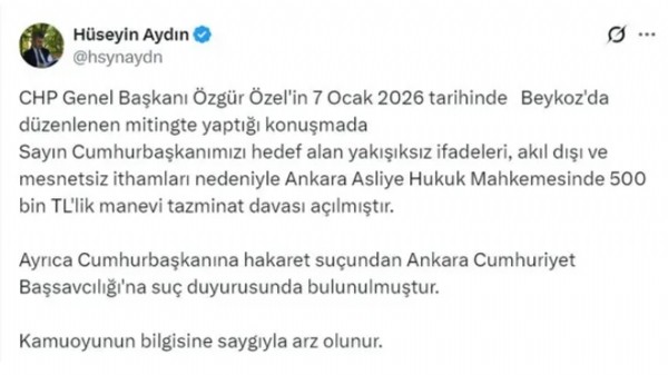 Cumhurbaşkanı Erdoğan'dan Özgür Özel'e 500 bin liralık tazminat davası